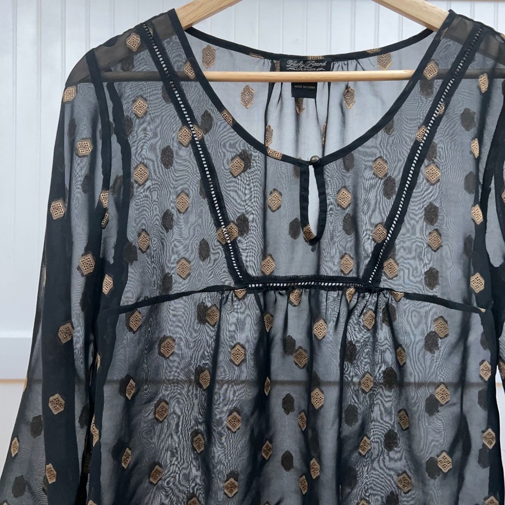 Lucky Brand Blouse Whimsigoth Black Gold Sheer Embroidered Womens S Boho Peasant